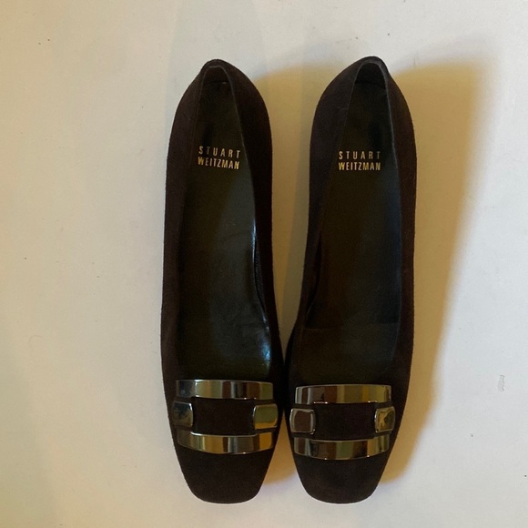 Stuart Weitzman Brown Suede Flats with Silver Metal Buckle Trim, Size 8 #281 - Picture 2 of 13